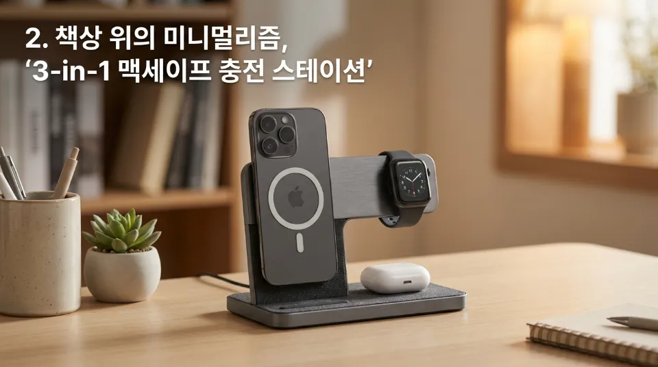 2. 책상 위의 미니멀리즘, '3-in-1 맥세이프 충전 스테이션'