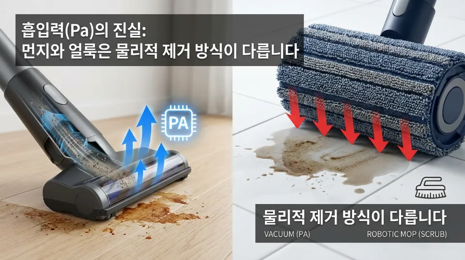 흡입력(Pa)의 진실: 먼지와 얼룩은 물리적 제거 방식이 다릅니다