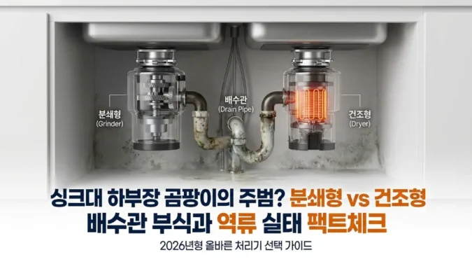 싱크대 하부장 곰팡이의 주범? 분쇄형 vs 건조형 음식물 처리기 배수관 부식과 역류 실태 팩트체크