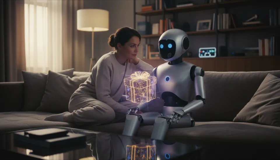2026년 2월 13일 저녁, 아늑한 거실 소파에 앉아 최신형 AI 반려봇과 눈을 맞추며 대화하고 있는 1인 가구 남성의 모습, 테이블 위에는 디지털 홀로그램 선물 상자가 떠 있음