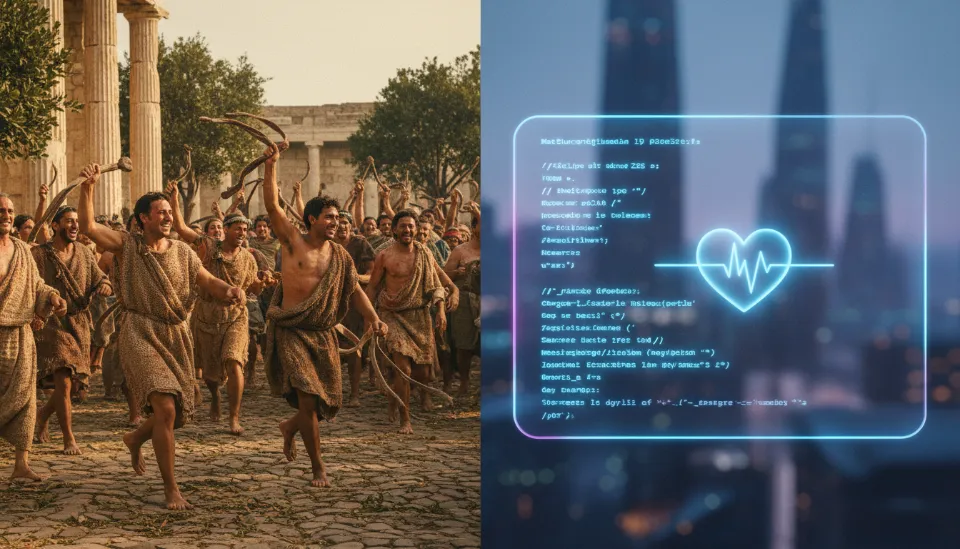 좌측에는 고대 로마 루페르칼리아 축제의 역동적인 군중 모습, 우측에는 2026년의 세련된 AI 매칭 알고리즘과 빛나는 하트 심볼이 대비된 분할 이미지