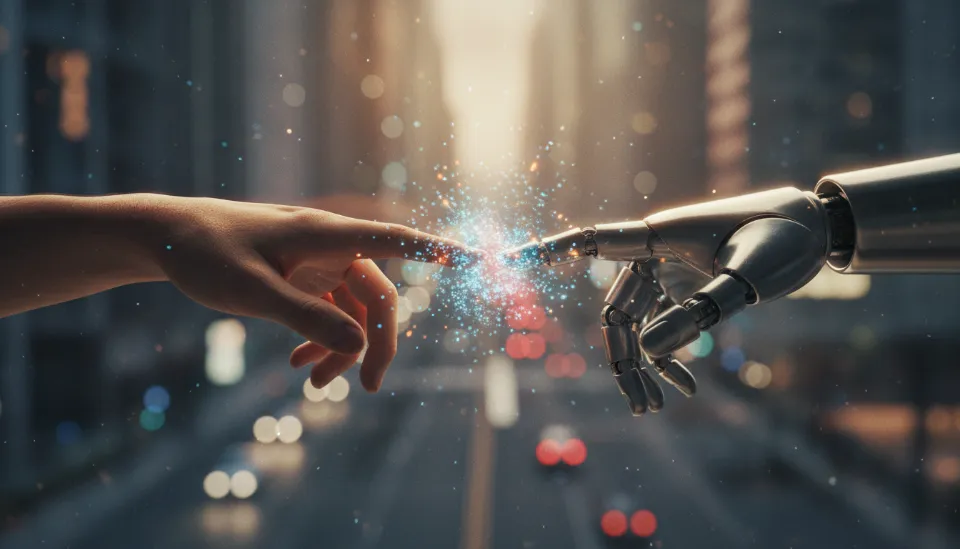 인간의 손과 로봇의 손이 서로 맞닿으려 하는 순간, 손가락 사이로 데이터 입자가 흐르는 감성적인 일러스트, 배경은 흐릿한 2026년 도시 야경