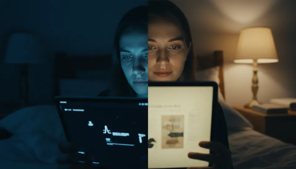 어두운 방 안에서 강한 빛을 내뿜는 아이패드 OLED 화면과 따뜻한 조명 아래 종이 질감처럼 보이는 컬러 E-ink 태블릿 화면의 시각적 비교