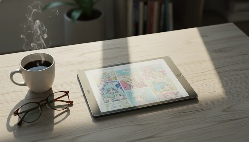 2026년형 컬러 E-ink 태블릿 화면에 선명하게 표시된 웹툰 페이지와 나무 책상 위에 놓인 커피, 안경이 어우러진 감성적인 독서 환경