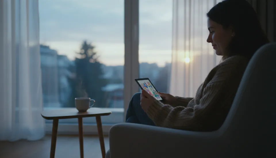 새벽녘 창가 1인용 안락의자에 앉아 평온한 분위기 속에서 컬러 E-ink 태블릿으로 독서에 몰입하고 있는 사람의 모습