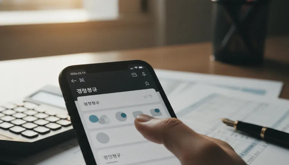 2026년 2월 13일 날짜가 표시된 스마트폰 화면에 국세청 홈택스 경정청구 메뉴가 활성화되어 있는 모습과 계산기가 놓인 책상 배경