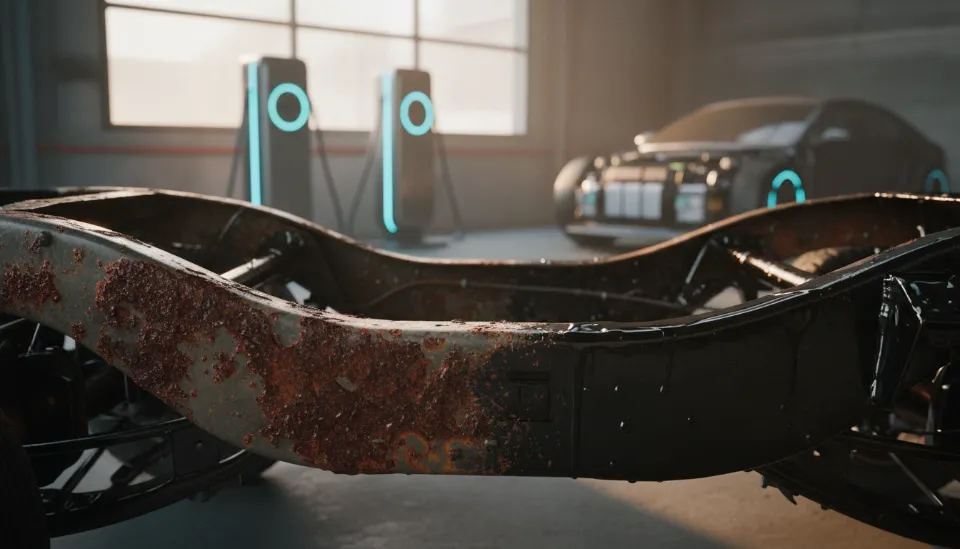 2026년 정비소 배경에서 20년 된 구형 SUV의 녹슨 하부 프레임과 천연 오일로 코팅되어 광택이 나는 복원된 부분이 대비되는 모습