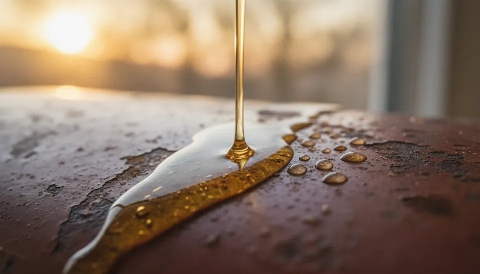 녹슨 금속 표면의 미세한 균열 사이로 침투하는 호박색 천연 양털유와 표면 위로 맺힌 물방울을 통해 방청 효과를 보여주는 확대 이미지
