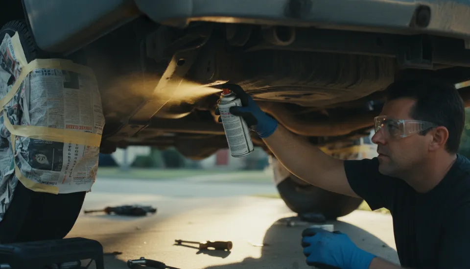 햇살 좋은 날 야외에서 보호 장구를 착용하고 구형 SUV 하부 프레임 구멍에 360도 노즐을 이용해 방청 오일을 도포하는 자가 정비 모습