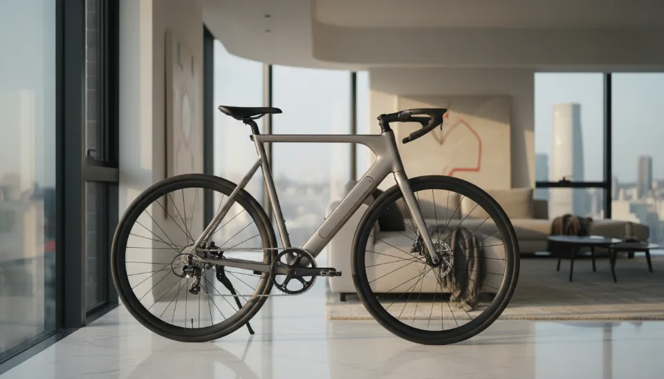 대리석 바닥의 럭셔리한 거실 내부에 주차된 2026년형 초슬림 무광 티타늄 전고체 배터리 전기 바이크의 매끄러운 측면 디자인