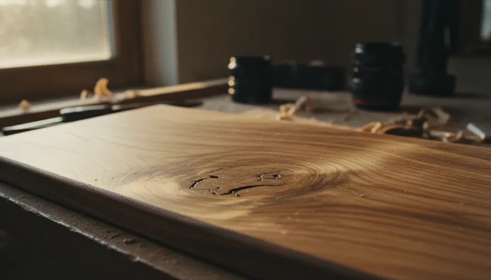 거친 질감과 자연스러운 옹이가 돋보이는 커스텀 원목 팜레스트의 표면을 근접 촬영하여 나무의 결을 강조한 이미지