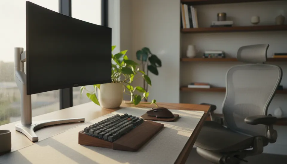 기계식 키보드와 조화를 이루는 월넛 색상의 원목 손목 받침대가 놓인 2026년 트렌드 데스크테리어 책상 전경