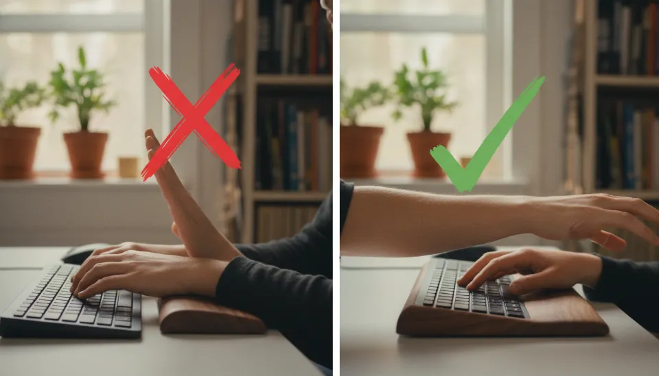 올바른 팜레스트 높이 선택에 따른 손목 각도 변화를 비교한 인포그래픽, 직선으로 펴진 편안한 손목 상태 강조