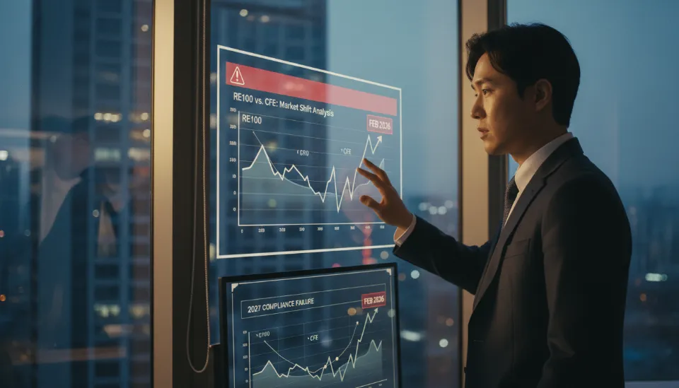 2026년 2월 날짜가 표시된 디지털 대시보드 화면에서 RE100과 CFE 지표를 비교하며 2027년 규제 미준수 경고등이 붉게 켜진 서울 도심 사무실의 모니터 화면
