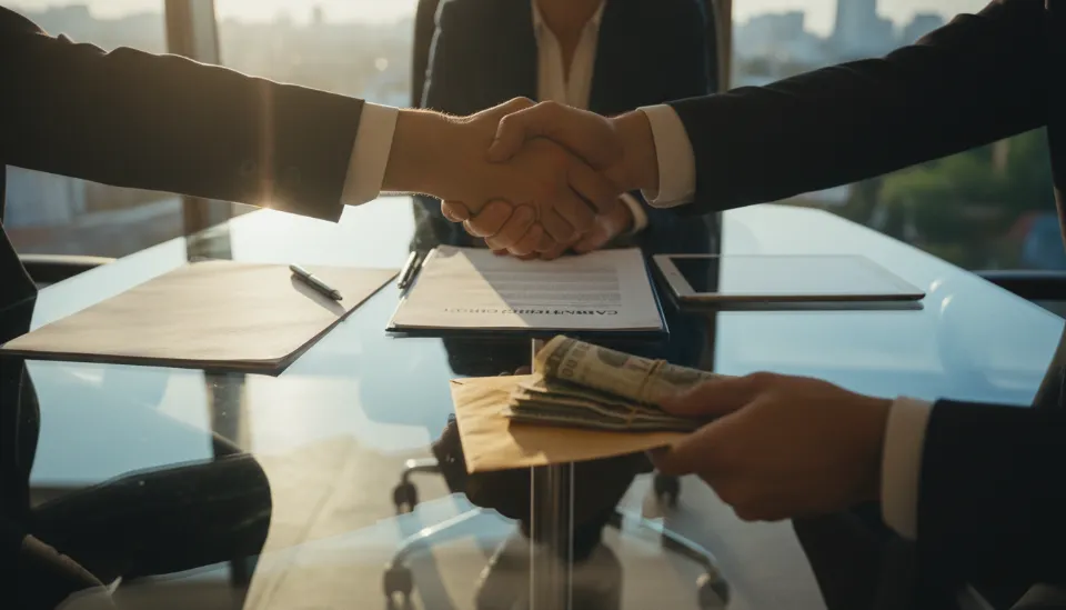 투명한 유리 테이블 위에는 탄소 배출권 계약서가 놓여 있고 테이블 아래에서는 은밀하게 돈다발이 오가는 모습을 표현하여 리베이트 구조를 암시하는 비즈니스 일러스트