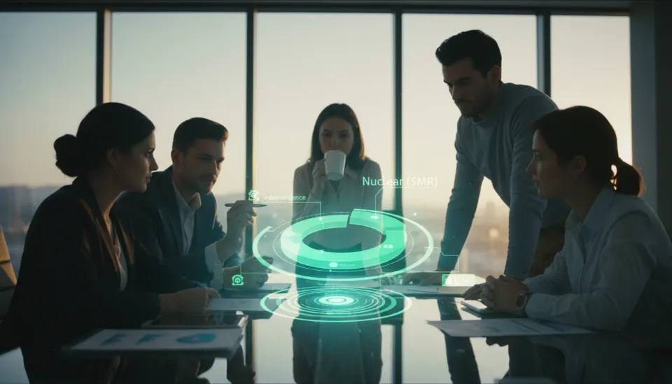 현대적인 회의실에서 다양한 팀원들이 태양광, 풍력, 소형모듈원전이 혼합된 에너지 포트폴리오 홀로그램 차트를 분석하며 비용 절감 전략을 논의하는 모습