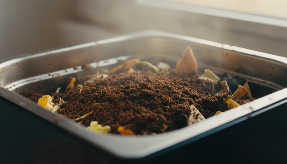 적절한 온도가 유지되어 활발하게 음식물을 분해하고 있는 건강한 갈색의 음식물 처리기 미생물 배양액 내부 모습