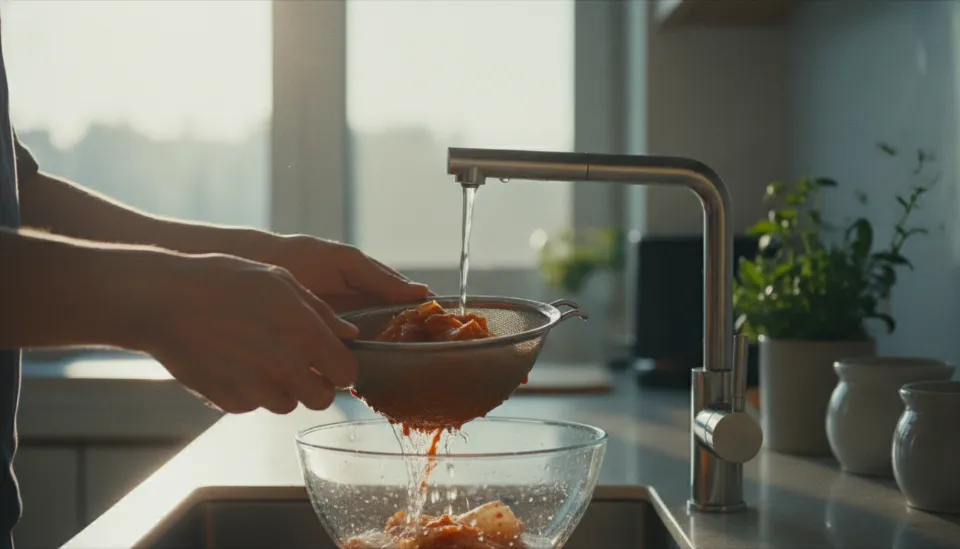 음식물 처리기 미생물 보호를 위해 싱크대에서 김치 양념을 물로 씻어내고 있는 사용자의 손과 깨끗한 식재료 관리 모습