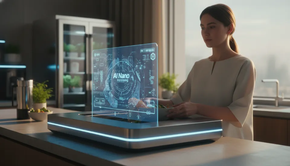 2036년 미래 주방에 설치된 AI 나노 분해 시스템 음식물 처리기와 홀로그램 인터페이스가 작동하는 첨단 가전 기술 상상도