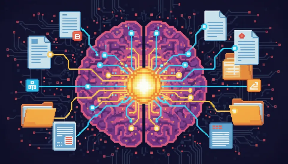 사용자의 개인 문서와 데이터베이스가 뇌 신경망 형태의 AI 모델과 실시간으로 연결되어 정보를 검색하고 생성하는 RAG(검색 증강 생성) 기술의 시각적 구조도