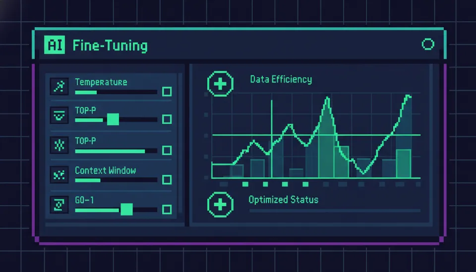 AI 모델의 온도(Temperature), 문맥 창(Context Window) 등 파라미터 값을 조절하는 전문가용 대시보드 화면에서 최적화 상태를 나타내는 녹색 그래프가 표시된 모습