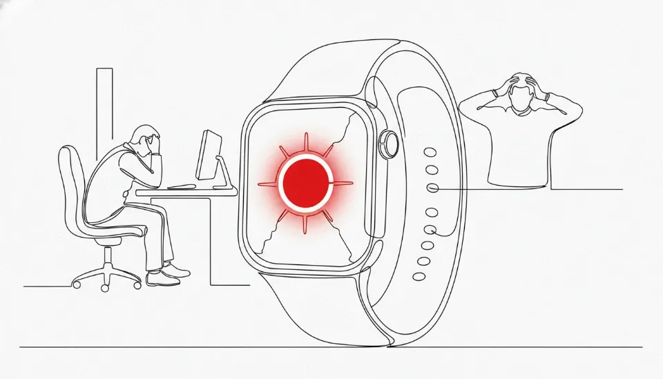 2026년형 스마트워치 화면에 붉은색 코르티솔 수치 급증 경고 알림이 떠 있는 모습과 긴장된 사무실 배경