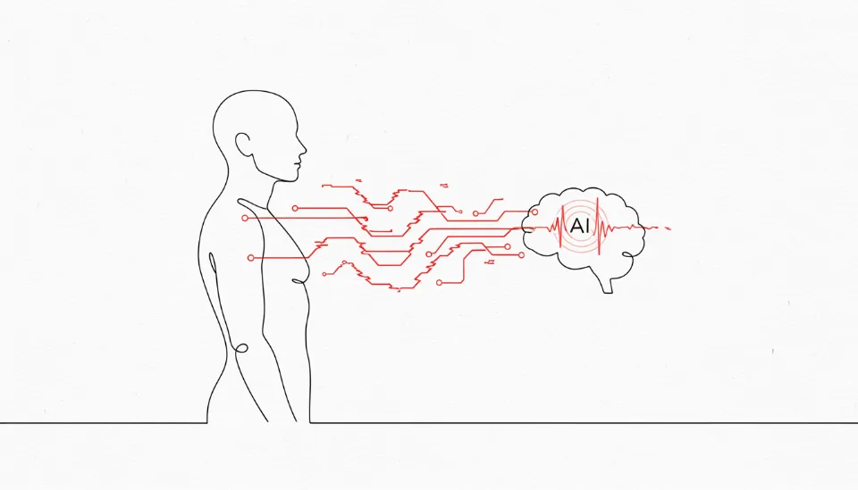 인체 실루엣과 연결된 바이오 데이터 라인들이 오류를 일으키며 붉은색 글리치로 변해 AI 시스템에 잘못된 정보를 전달하는 데이터 오염 시각화