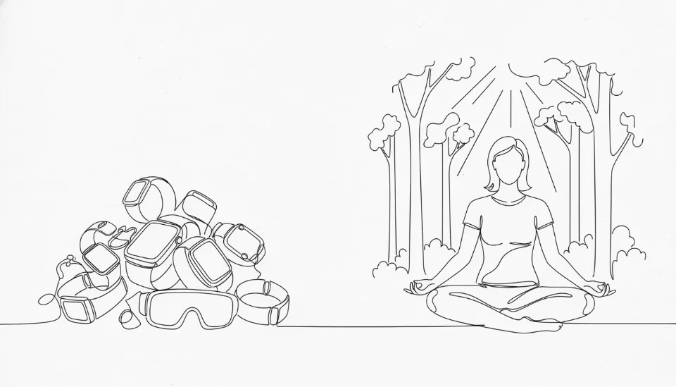 한쪽에는 벗어둔 웨어러블 기기들이 쌓여 있고 다른 한쪽에서는 숲속에서 평온하게 명상하며 직관적인 건강을 되찾는 사람의 모습