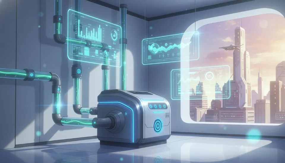 2036년형 미래 아파트 다용도실에 설치된 금속 재질의 폐수 열회수 장치와 파란색 LED로 빛나는 스마트 배관 및 홀로그램 에너지 데이터 시각화