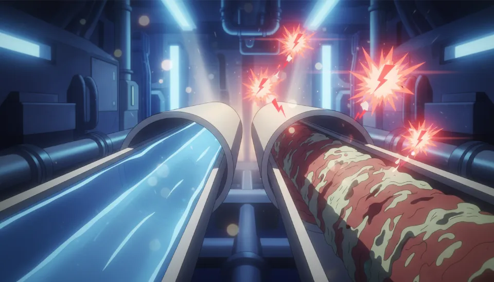 열교환기 배관 내부에 쌓인 오염물질과 스케일 층을 보여주는 단면도와 깨끗한 배관의 비교, 빨간색 경고 아이콘이 표시된 3D 렌더링 이미지