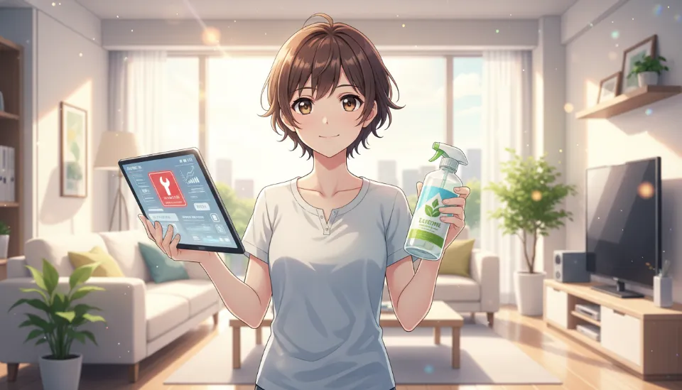 태블릿으로 스마트홈 에너지 상태를 확인하며 유지보수 알림을 보고 있는 집주인과 손에 든 친환경 효소 세정제, 밝고 현대적인 거실 배경