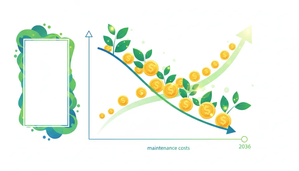 시간이 지남에 따라 유지보수 비용이 0원으로 수렴하는 하향 그래프와 동전 및 새싹이 돋아나는 인포그래픽 스타일의 비용 절감 시각화