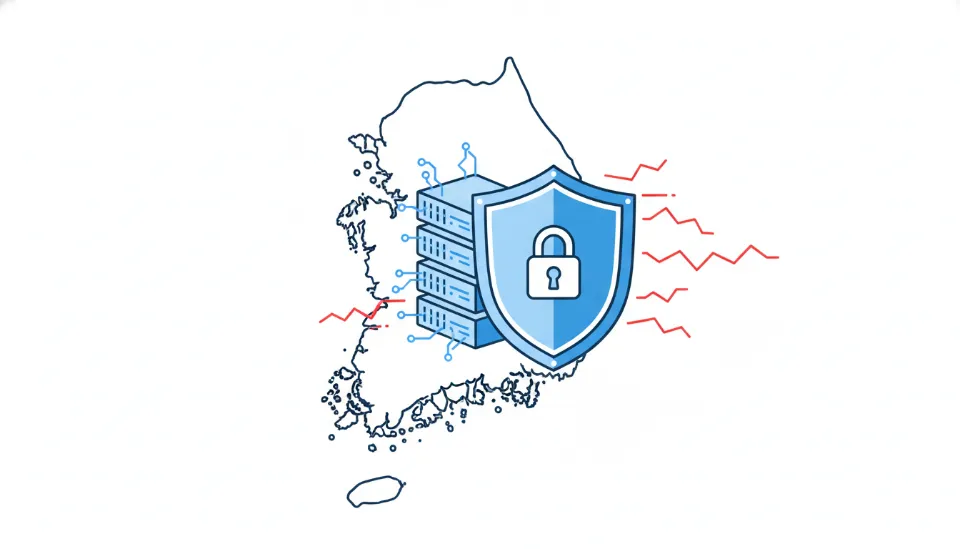 2026년 데이터 주권법 준수를 상징하는 이미지로, 한국 지도 위에 위치한 서버가 파란색 디지털 방패와 자물쇠 아이콘으로 보호받으며 외부로 유출되려는 붉은색 데이터 스트림을 차단하고 있는 사이버 보안 일러스트