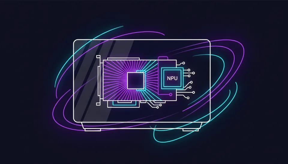 2026년형 AI 전용 PC 내부를 확대한 사진으로, 강화 유리 케이스 안에 네온 RGB 조명이 빛나는 대형 그래픽카드와 전용 NPU 칩셋이 장착되어 있어 고성능 하드웨어임을 강조하는 테크 이미지