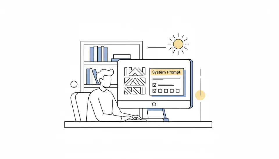 세련된 모니터 화면에 시스템 프롬프트 설정 창이 띄워져 있고 보안 규정 준수 항목이 체크된 상태에서 개발자가 작업 중인 모습, 안전하고 최적화된 개인 AI 개발 환경을 보여주는 고해상도 이미지