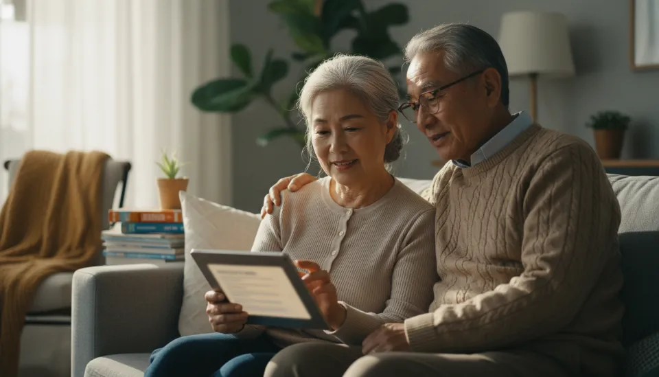 70대 노부부가 거실 소파에 앉아 태블릿 PC로 해외여행자보험 약관 중 기저질환 보장 내용을 꼼꼼히 확인하며 안도하는 모습