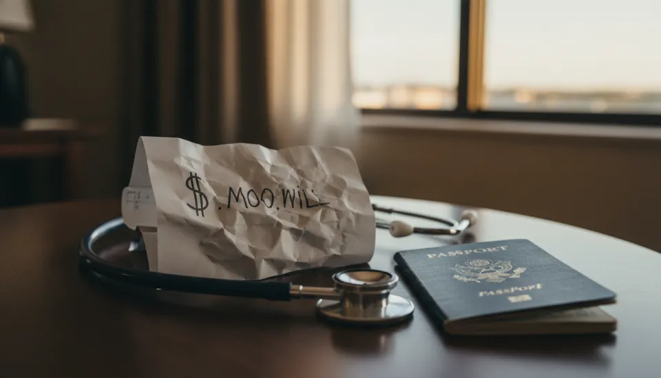테이블 위에 놓인 여권과 청진기 옆에 고액의 달러 금액이 적힌 해외 병원 진료비 청구서가 놓여 있어 의료비 부담을 강조하는 이미지