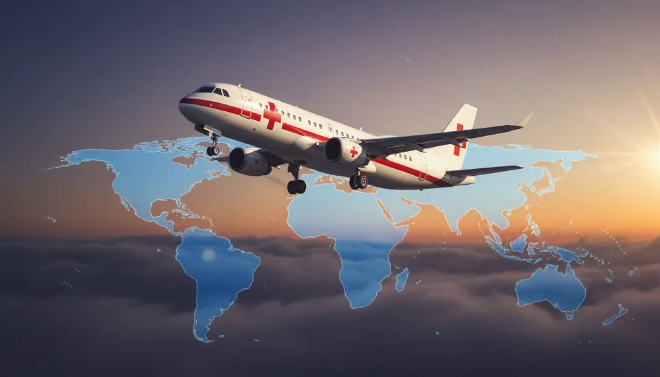 세계 지도 위를 비행하는 의료용 십자가 마크가 그려진 에어 앰뷸런스 비행기 일러스트로 긴급 의료 이송 서비스를 표현함
