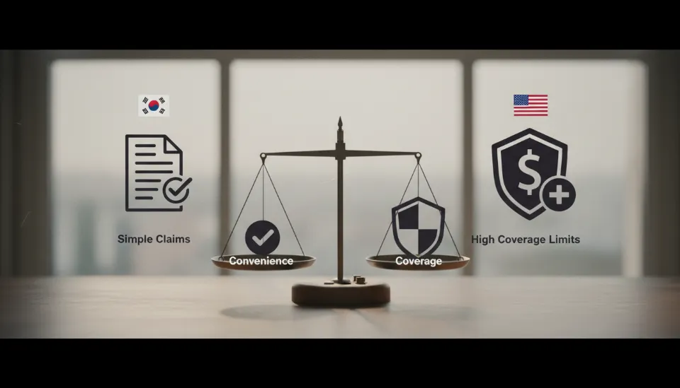 한국 보험사의 청구 편의성과 미국 보험사의 높은 보장 한도를 저울질하며 비교하는 인포그래픽