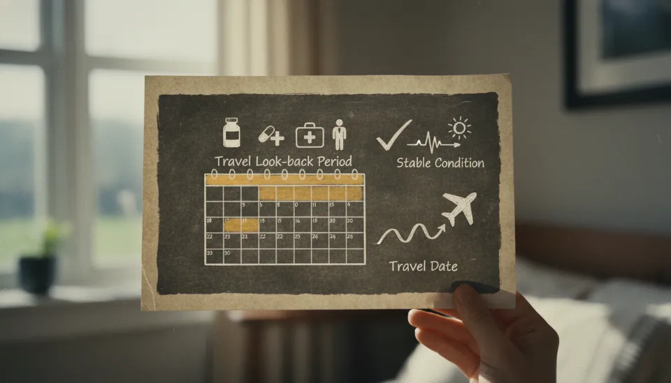 보험 가입 전 면책 기간을 설명하는 타임라인과 안정적인 지병 관리의 중요성을 보여주는 다이어그램