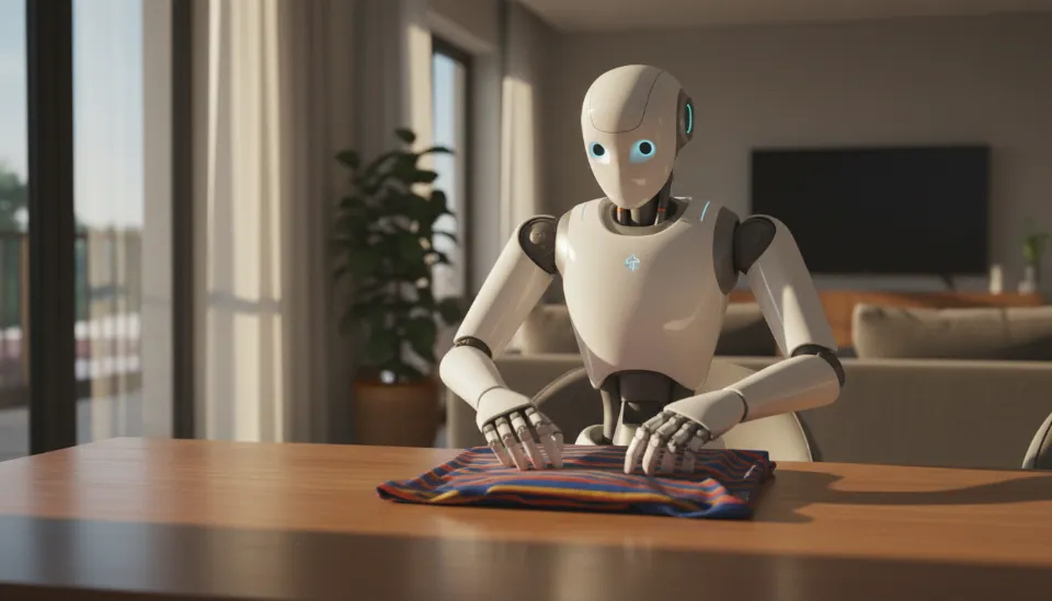 햇살이 비치는 거실 테이블 위에서 정교한 손가락 관절을 이용해 티셔츠를 개고 있는 흰색 삼성 AI 휴머노이드 로봇의 상반신 모습
