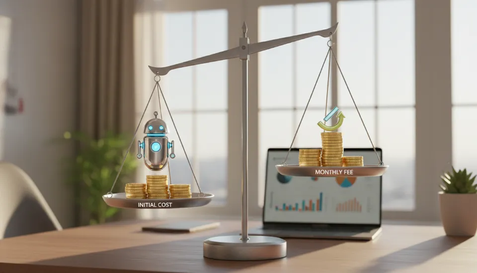 삼성 봇의 높은 구매 비용과 가사 노동 대체 효과를 비교하는 저울 모양의 인포그래픽 이미지