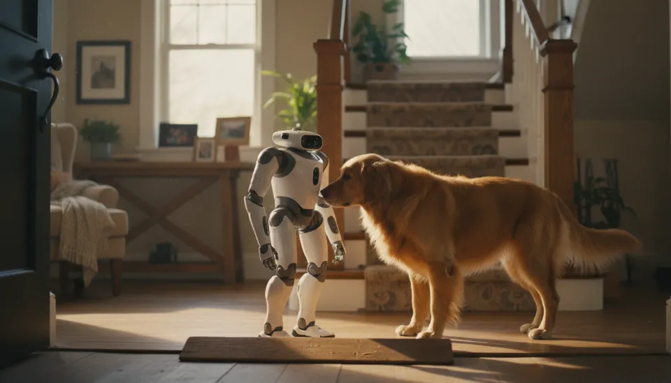계단이 있는 복층 주택 거실에서 골든 리트리버 강아지가 호기심 어린 눈빛으로 삼성 봇의 다리 냄새를 맡고 있는 모습