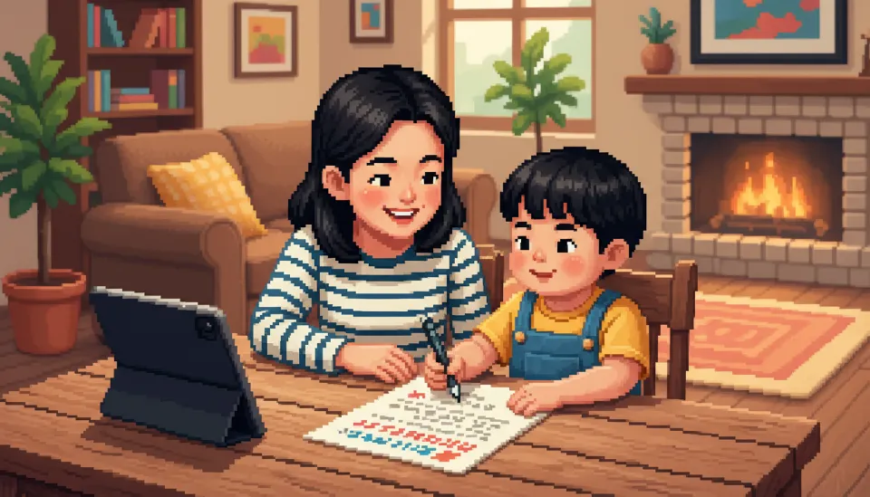 가정에서 엄마와 아들이 태블릿 사용 규칙을 정하고 약속하는 디지털 리터러시 교육 장면 및 화목한 분위기