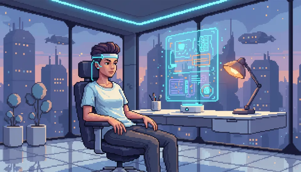 2026년의 홈 오피스에서 슬림한 BCI 헤드밴드를 착용하고 손을 쓰지 않고 홀로그램 화면을 제어하며 업무를 보는 전문가의 모습