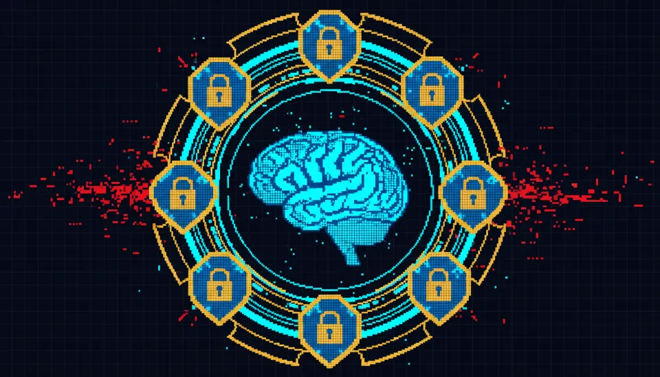 디지털 쉴드와 잠금 아이콘으로 보호받고 있는 인간의 뇌 실루엣을 형상화하여 BCI 보안과 신경 권리의 중요성을 표현한 일러스트