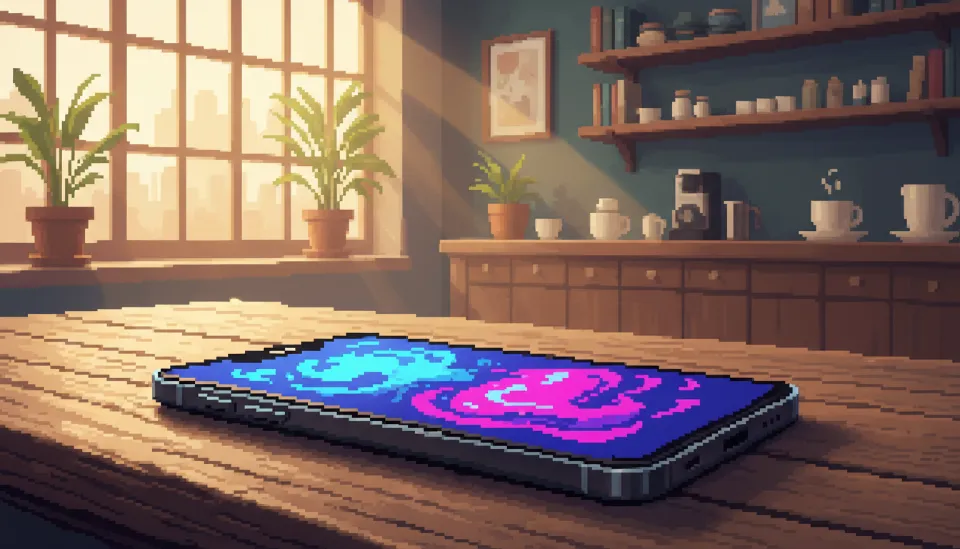 앱 아이콘이 완전히 사라지고 중앙에 유동적인 AI 파형만 빛나는 2026년형 스마트폰 화면이 나무 테이블 위에 놓인 모습