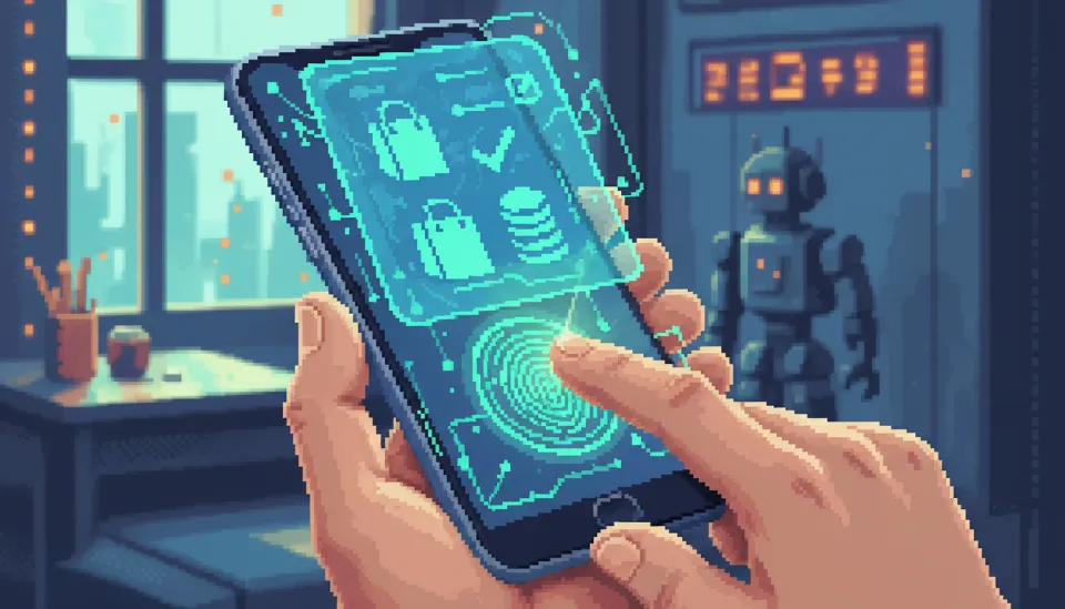 은행 앱 대신 홀로그램 형태의 결제 승인 요약 창이 뜬 베젤리스 스마트폰을 쥐고 있는 손과 생체 인식 장면