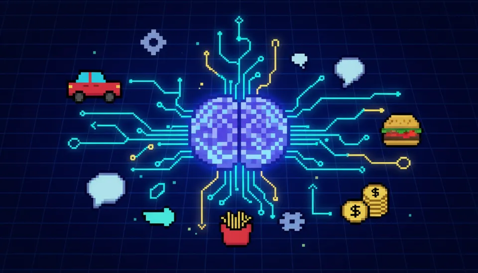 중앙의 AI 두뇌가 자동차, 음식, 돈과 같은 서비스 블록들과 네온 회로로 연결되어 데이터를 주고받는 추상적인 디지털 아트