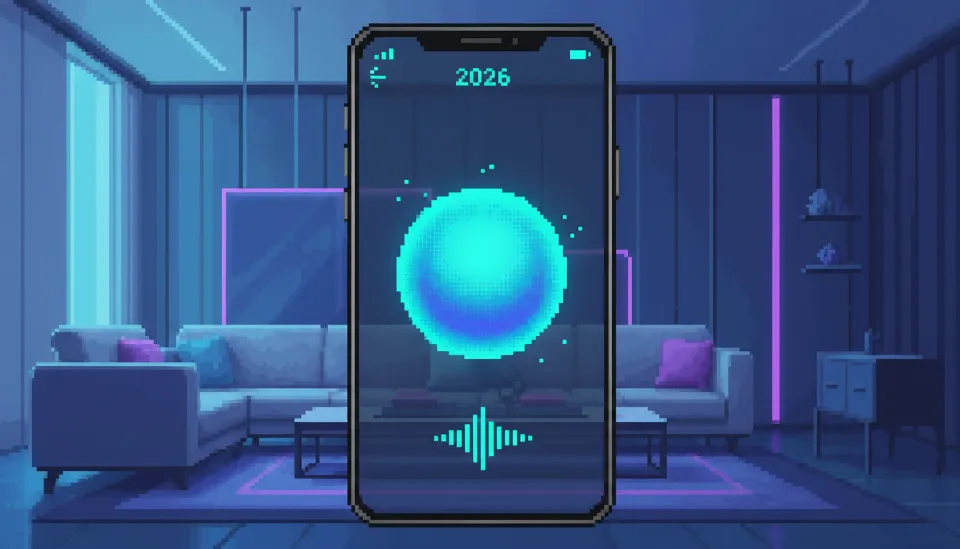 앱 아이콘이 사라지고 중앙에 빛나는 AI 에이전트 구체가 떠 있는 2026년형 스마트폰의 미니멀한 인터페이스 화면